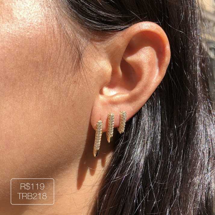 Trio Argola Triangular Cravejada Cristal Dourada